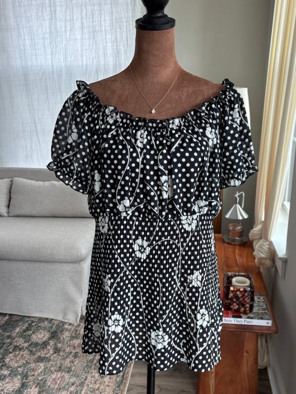 Sere Nade Polka Dot Floral Babydoll Top Pleated Blouse Sheer Boho Fairy Large